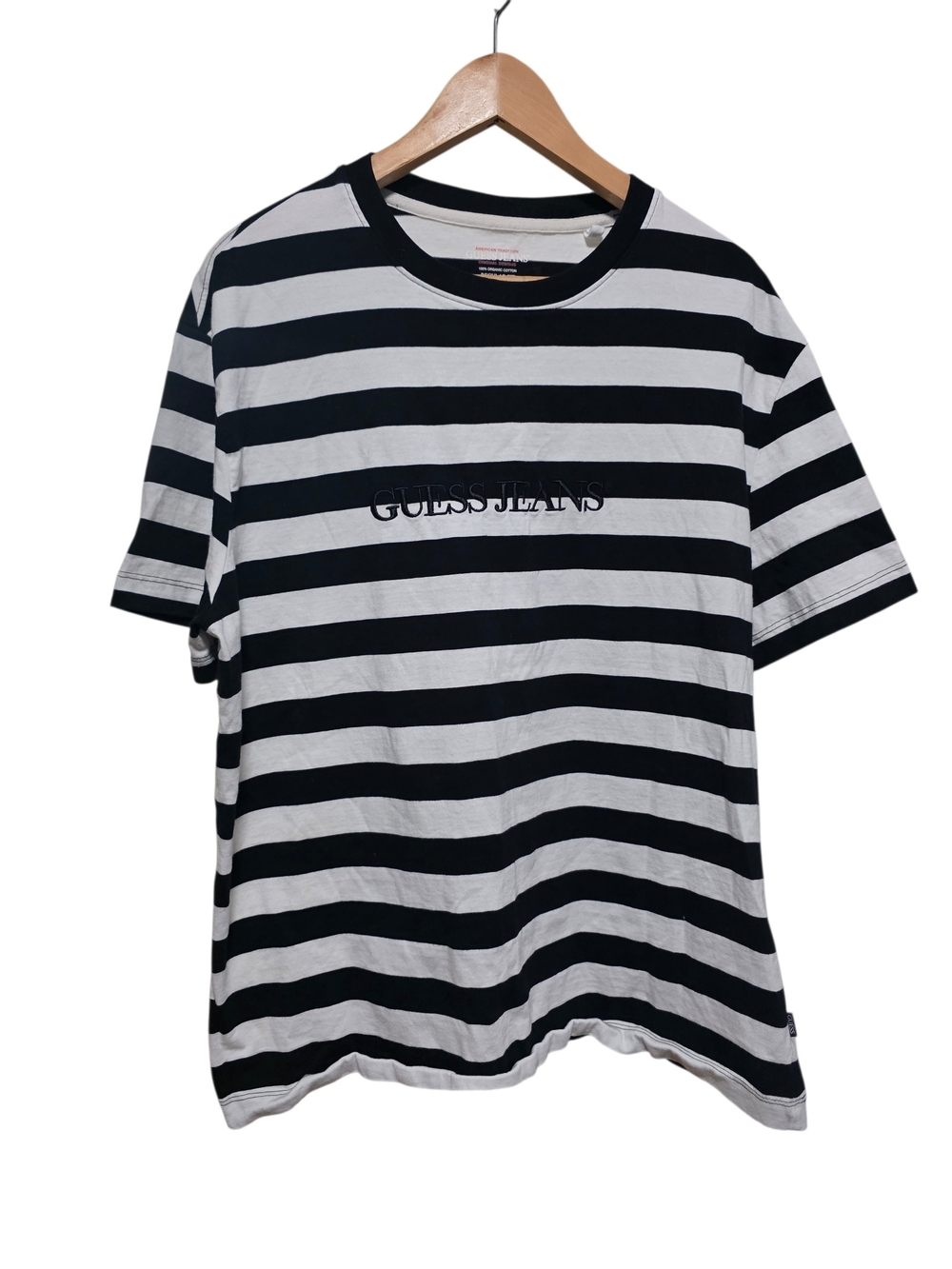 Guess Cotton Mens Black and White Horizontal Stripe Crew Tee Size XL